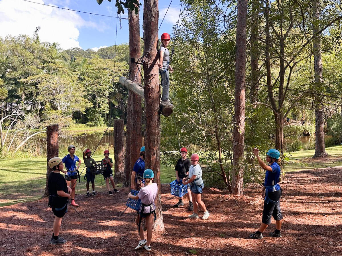 students on the high ropes course during the Year 7 camp